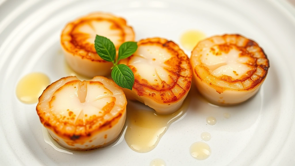 Three pan-seared scallops with caramelized golden crust, translucent centers, light beurre blanc sauce drizzle, fresh tarragon leaf garnish on minimalist plating