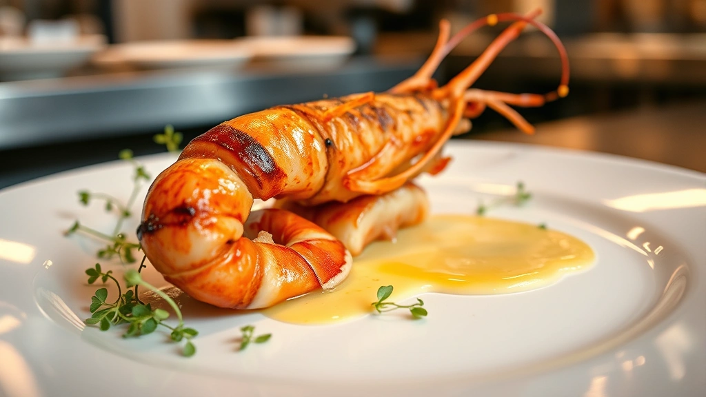 Close-up of a perfectly seared Scottish langoustine on a white plate with delicate microgreens and golden beurre blanc sauce, professional restaurant plating, warm kitchen lighting, shallow depth of field