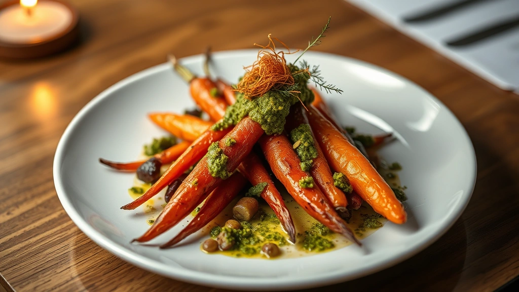 Artfully plated vegetable dish showcasing roasted heritage carrots in multiple preparations with carrot-top pesto and crispy garnish, minimalist white plate, professional culinary photography, warm ambient lighting