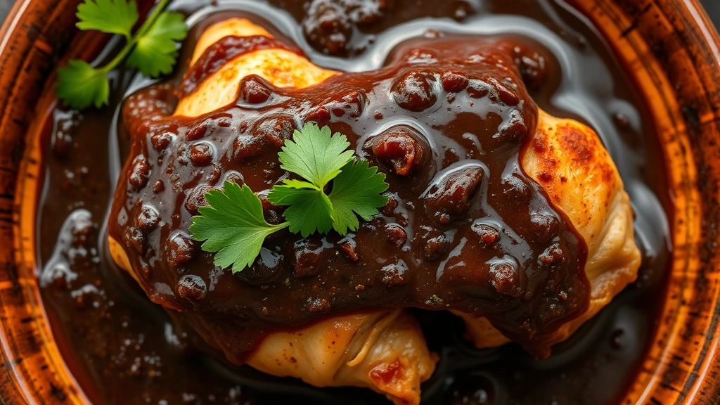 Overhead shot of authentic mole negro sauce coating tender chicken, showing rich dark chocolate-based sauce with visible spice complexity, cilantro garnish, served on rustic ceramic plate with warm lighting