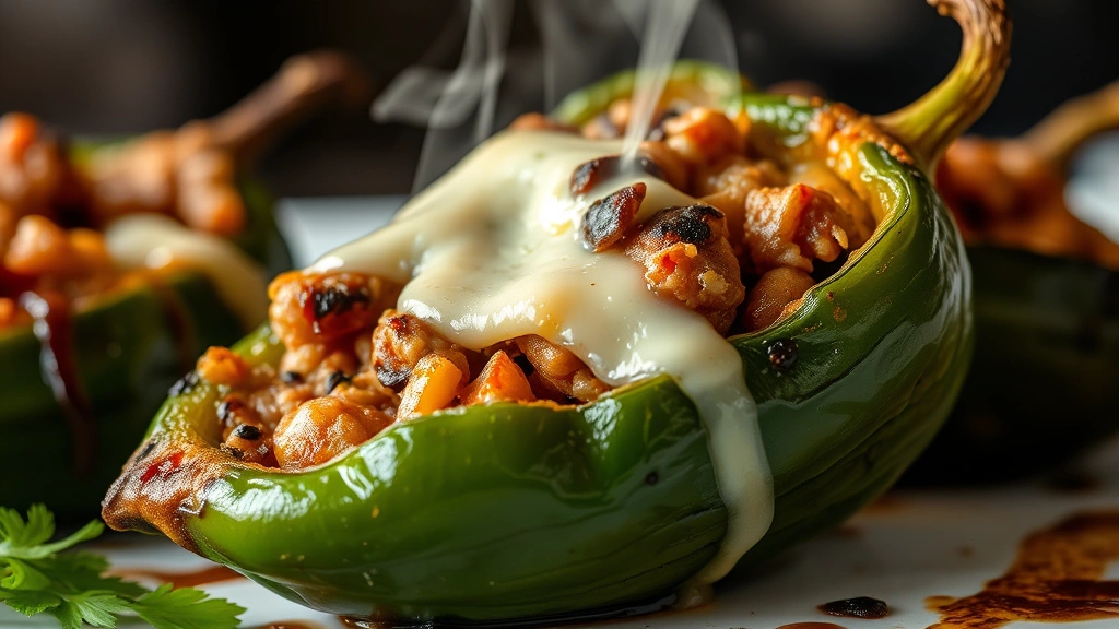 Close-up of freshly grilled poblano pepper being stuffed with melted cheese and picadillo filling, charred exterior glistening, steam rising, professional culinary plating, natural kitchen lighting