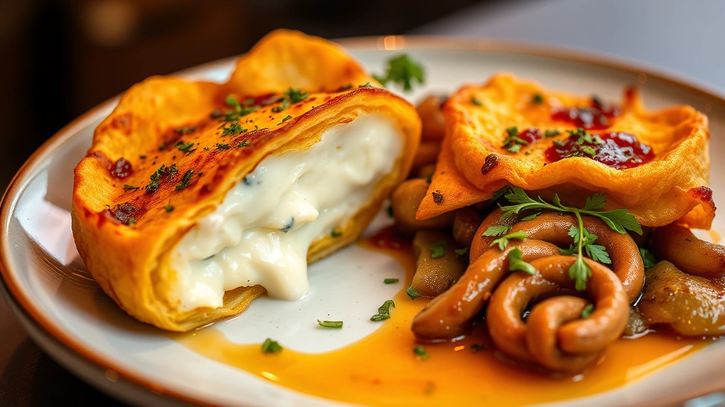 Plated gourmet dish with golden-brown crispy exterior and creamy interior, garnished with fresh herbs, professional culinary presentation, warm lighting highlighting texture and color contrast