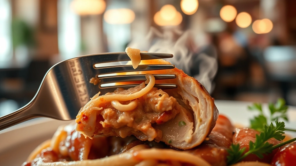 Close-up of fork cutting into tender protein with steam rising, revealing layered composition inside, shallow depth of field, restaurant ambiance, appetizing detail