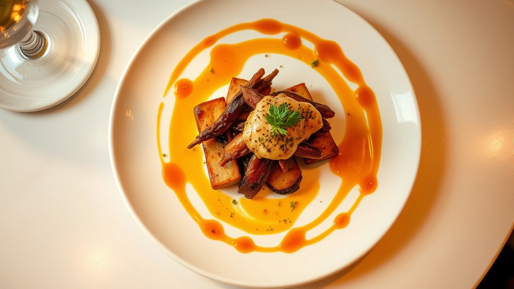 Overhead view of El Paisano's secret dish on white porcelain plate, artistic plating with sauce drizzle, fresh herbs, warm restaurant lighting, fine dining presentation