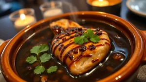 Close-up of steaming bowl of dark mole negro sauce with tender chicken breast, cilantro garnish, served in traditional ceramic dish, candlelit restaurant setting, photorealistic