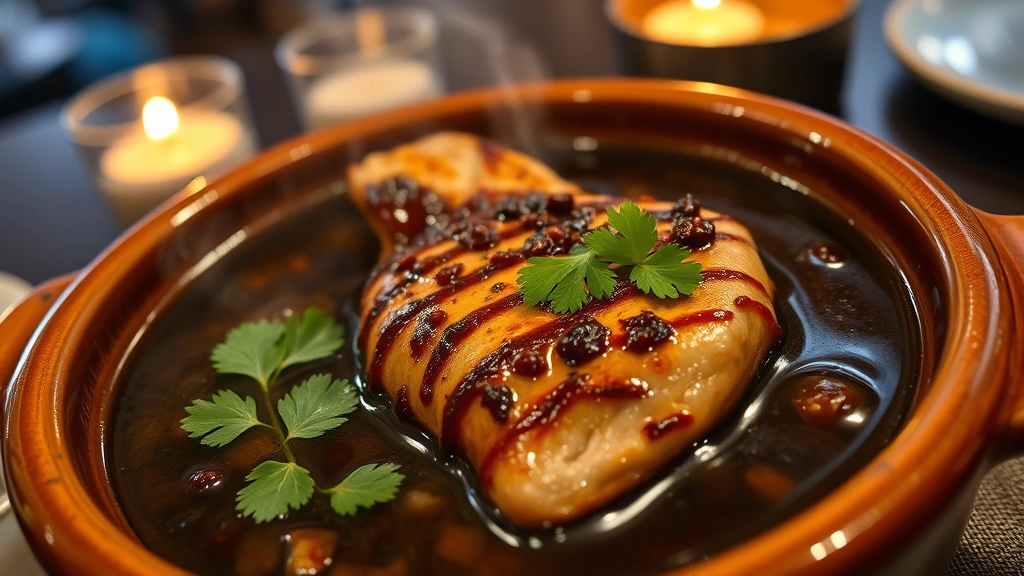 Close-up of steaming bowl of dark mole negro sauce with tender chicken breast, cilantro garnish, served in traditional ceramic dish, candlelit restaurant setting, photorealistic