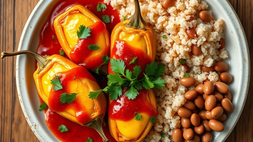 Overhead view of chiles rellenos stuffed with melted cheese, golden-brown egg batter exterior, covered in red ranchero sauce with fresh cilantro, side of rice and beans, professional food photography