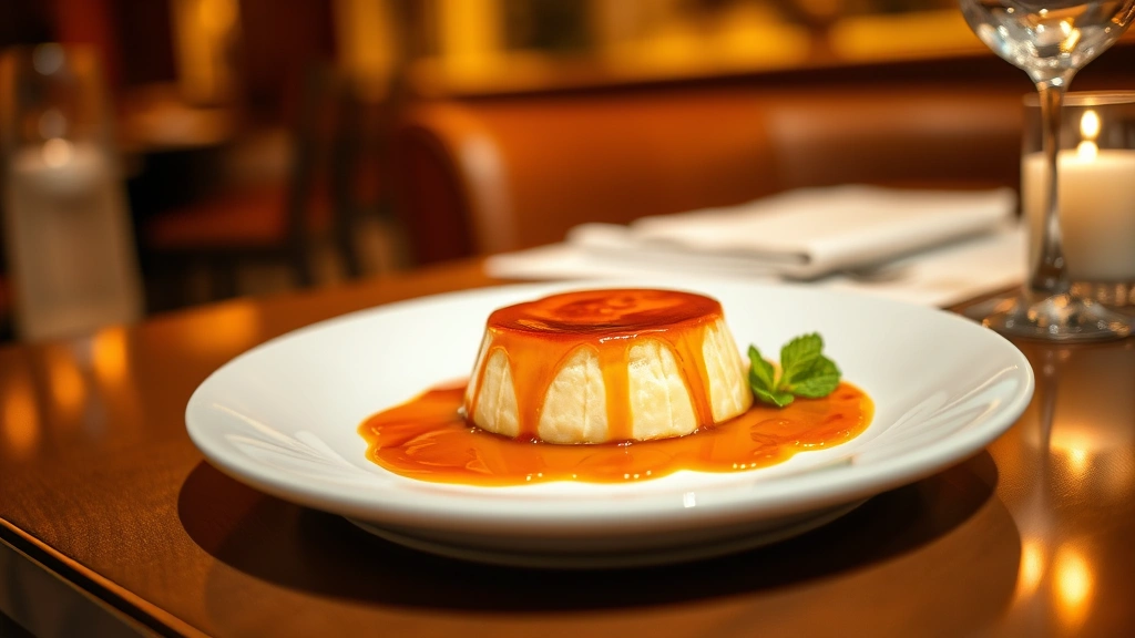 Plated flan dessert with caramel sauce cascading down sides, fresh mint leaf garnish, elegant white plate, warm restaurant lighting, shallow depth of field, luxury dining presentation