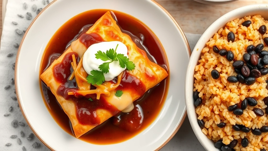 Overhead shot of perfectly plated enchilada with rich brown mole sauce, melted cheese, sour cream drizzle, fresh cilantro garnish, and a side of Mexican rice with black beans