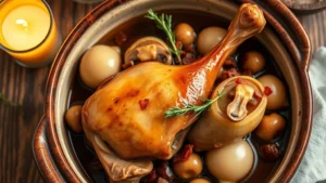 Overhead shot of golden-brown Coq au Vin in rustic ceramic bowl with pearl onions, mushrooms, and bacon lardons in glossy wine reduction sauce, fresh thyme sprigs, warm candlelight