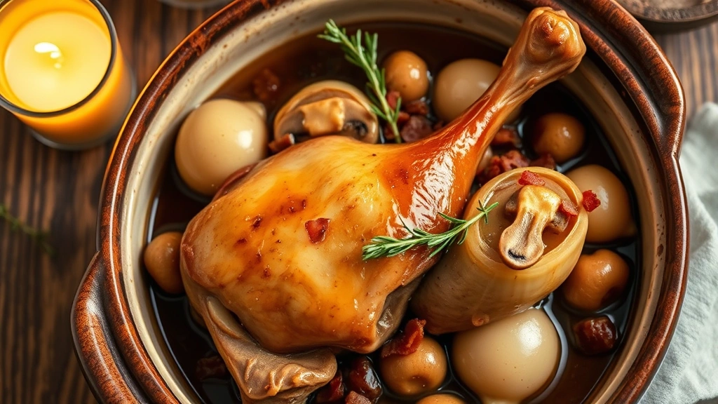Overhead shot of golden-brown Coq au Vin in rustic ceramic bowl with pearl onions, mushrooms, and bacon lardons in glossy wine reduction sauce, fresh thyme sprigs, warm candlelight