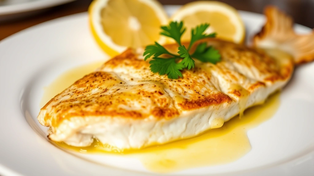 Close-up of perfectly seared Sole Meunière with crispy golden crust, bubbling brown butter sauce, fresh lemon wedges, and delicate parsley garnish on white porcelain plate
