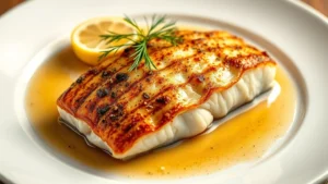 Perfectly seared halibut fillet with crispy skin, garnished with fresh dill and lemon, served on a white plate with brown butter pooling around the fish, professional restaurant plating style, warm studio lighting