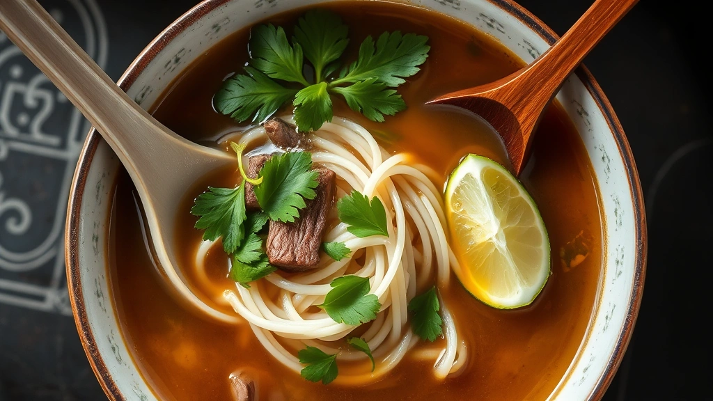 Steaming bowl of Vietnamese pho with rice noodles, beef broth, fresh basil and cilantro sprigs, lime wedge on the side, wooden spoon resting in the bowl, captured from above showing the rich amber broth
