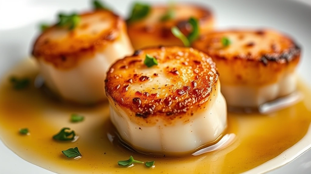 Close-up of perfectly seared scallops with golden crust and caramelized exterior, plated with microgreens and brown butter emulsion, shallow depth of field showcasing texture detail