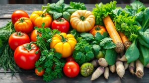 Vibrant farmers market display with heirloom tomatoes, fresh herbs, leafy greens, and root vegetables arranged artfully on rustic wooden surface, morning natural light highlighting colors and textures