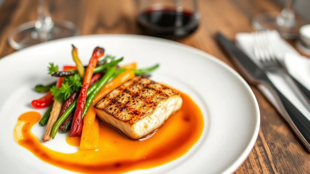 Plated fine dining dish featuring seared protein, colorful seasonal vegetables, and artistic sauce presentation on white ceramic plate, professional culinary composition