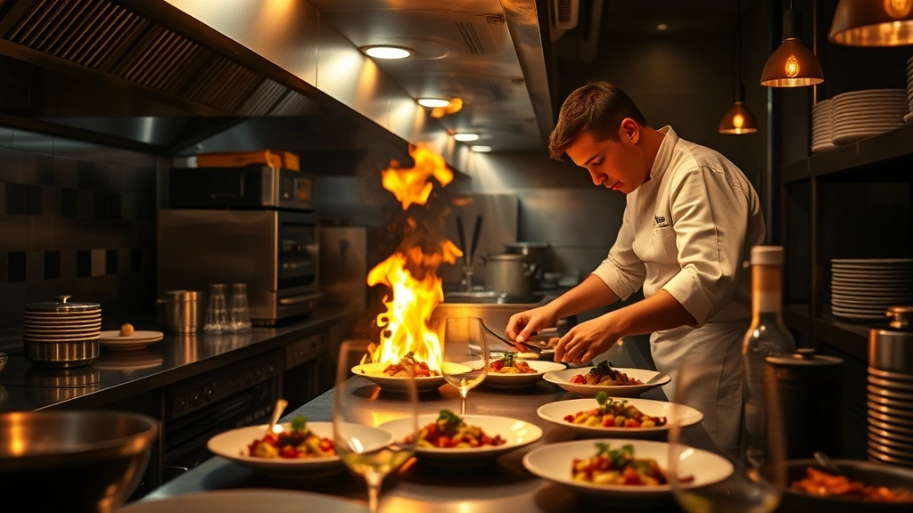 Casual late-night restaurant kitchen scene with open flames, chef plating dishes with precision, warm ambient lighting reflecting off stainless steel surfaces and cooking equipment