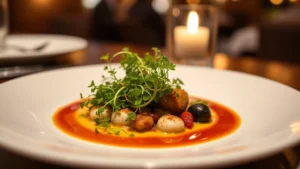 Fine dining plated dish with microgreens, sauce artistry, and garnishes on white ceramic plate, professional restaurant photography, warm lighting, shallow depth of field