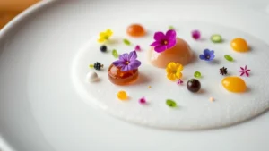 Close-up of an exquisitely plated avant-garde dish with multiple micro elements, edible flowers, and artistic foam on white ceramic, sophisticated fine dining presentation