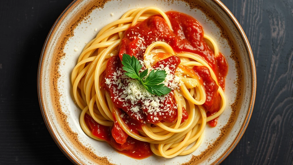 Overhead view of fresh handmade pasta with rich sauce, grated cheese, and garnish on rustic ceramic plate, traditional Italian cuisine aesthetic
