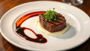 Steamed white plate with elegantly plated prime steak, vibrant microgreens, burgundy reduction sauce swirl, creamed potato foam, soft focus warm lighting, fine dining presentation