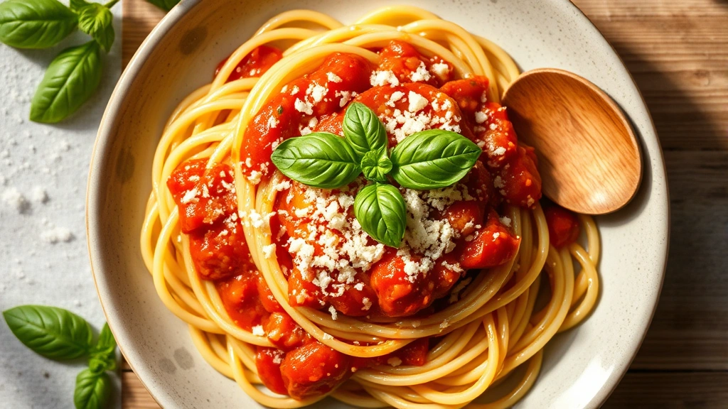 Overhead flat lay of authentic Italian pasta dish with fresh basil leaves, grated cheese, glossy tomato sauce, olive oil droplets, artisan wooden serving utensil, natural window light