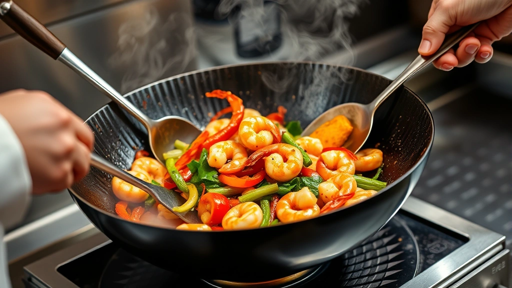 Sizzling wok with vibrant stir-fried vegetables and glistening shrimp, steam rising, chef's hand with utensils, golden charred edges on ingredients, authentic kitchen environment with professional wok burner