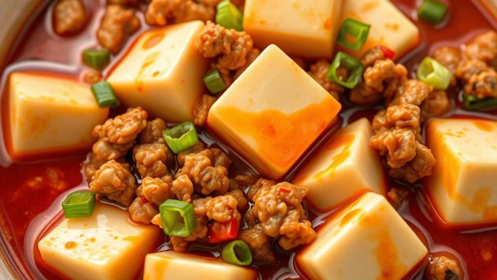 Close-up of Mapo Tofu dish showing silken tofu cubes in rich reddish sauce with ground pork, Szechuan peppercorns visible, garnished with green onions, creamy textured sauce coating each component evenly