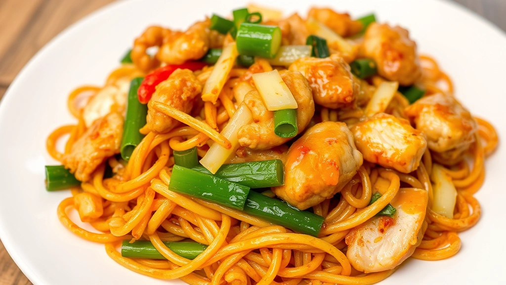 Crispy chow mein noodles with golden-brown exterior, fresh vegetables, tender chicken pieces, sauce glistening on noodles, textural contrast between crispy and tender elements visible, professional plating on white plate