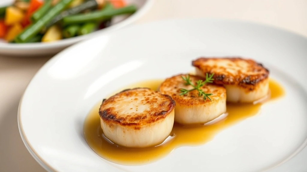 Professional plated pan-seared diver scallops with golden crust, brown butter sauce, fresh thyme garnish, and seasonal vegetable accompaniments on white ceramic plate