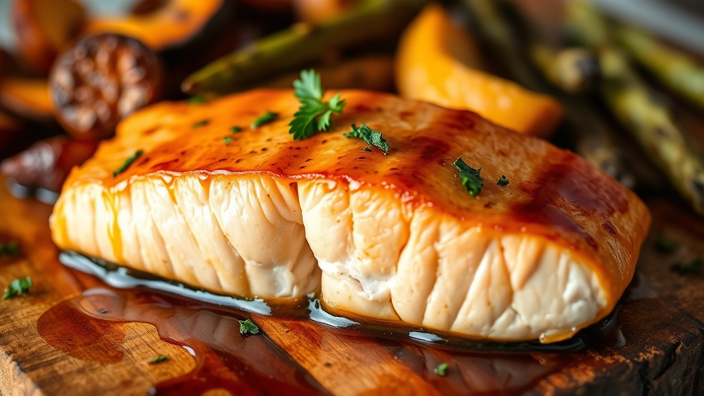 Cedar plank salmon fillet with glossy maple-Dijon glaze, roasted root vegetables, fresh herb garnish, warm soft lighting highlighting caramelized edges and moisture