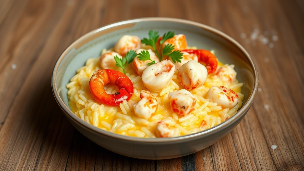 Elegant lobster risotto in shallow bowl with creamy arborio rice, tender lobster pieces throughout, saffron golden hue, fresh parsley garnish, fine sea salt crystals visible