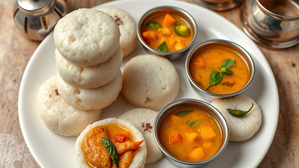 Overhead shot of traditional South Indian idli breakfast spread featuring stacked cylindrical rice cakes, small bowls of sambhar broth with visible vegetables, fresh coconut chutney with green chilies, gunpowder spice mixture, all arranged on white plate with metallic serving vessels in background, authentic culinary presentation