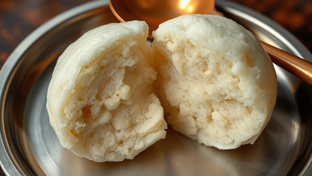 Cross-section of perfectly steamed idli showing fluffy pale crumb structure and tender texture, broken in half to reveal interior, placed on traditional metal plate with copper sambhar ladle visible, demonstrating fermentation quality and steam-cooking technique, close-up detail photography, warm natural light