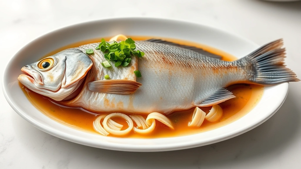 Whole steamed fish on white ceramic plate with ginger julienne and scallion sections, glossy sauce coating fish, fresh herbs garnish, steam wisping from plate, professional culinary presentation