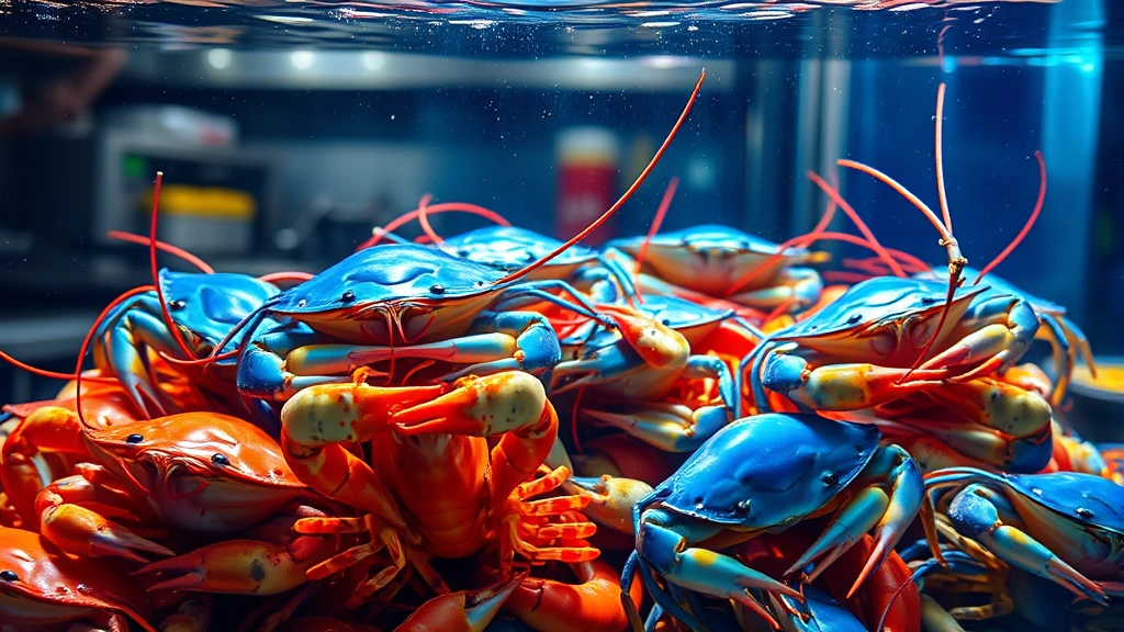 Live seafood tank with vibrant blue crabs and lobsters, crystal clear water, natural lighting showing detail and movement, restaurant kitchen background slightly blurred, photorealistic underwater scene