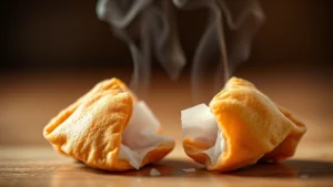 Close-up of golden-brown fortune cookie being broken open with white fortune paper visible inside, warm steam rising, shallow depth of field, professional food photography lighting, wooden table background
