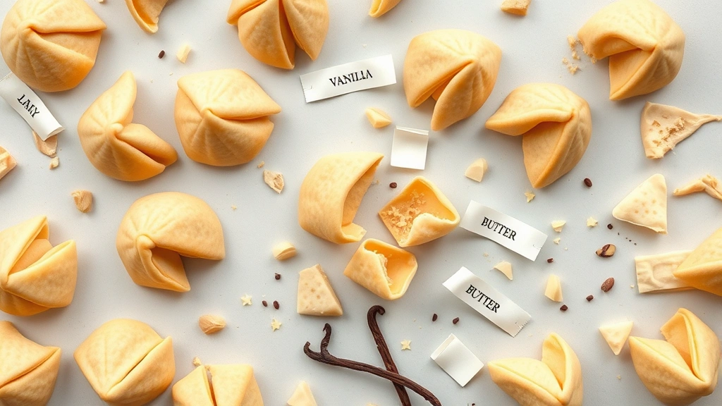 Overhead flat lay of assorted fortune cookies at various stages: whole cookies, broken shells, fortunes displayed, scattered ingredients like butter and vanilla bean, soft natural daylight, artisanal presentation
