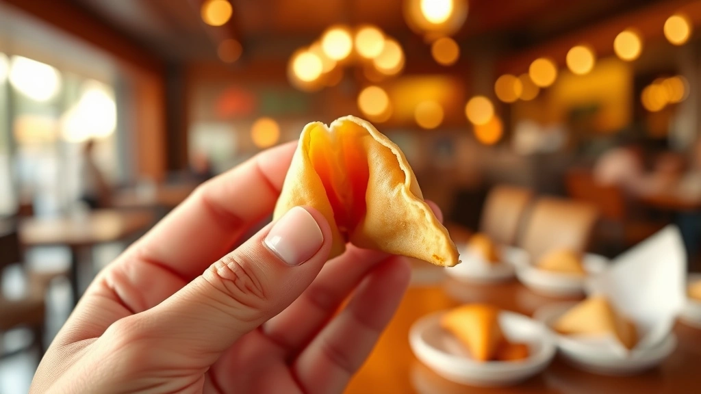 Hand holding freshly folded warm fortune cookie mid-bite, showing crispy texture and interior detail, bokeh background of restaurant setting, warm golden hour lighting, sensory food photography