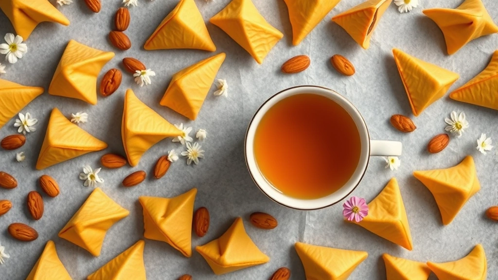 Overhead flat lay composition of multiple golden fortune cookies arranged in artistic pattern with scattered roasted almonds, fresh jasmine flowers, and a traditional porcelain teacup filled with steaming jasmine tea