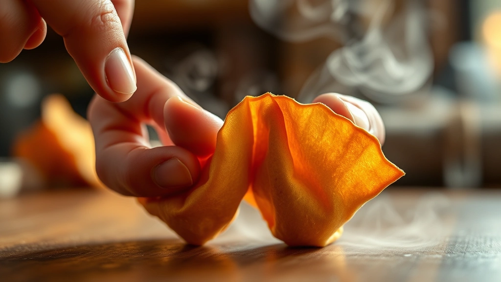 Close-up macro photograph of a fortune cookie being folded by hands mid-process, showing the precise technique and golden-amber color, with steam rising and blurred warm lighting in background suggesting fresh-baked warmth