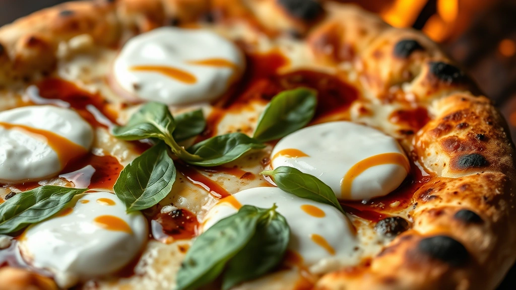 Close-up of wood-fired pizza with melted burrata cheese, fresh basil, and balsamic reduction, steam rising, golden crust visible, rustic Italian style