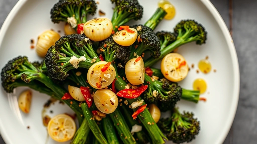 Overhead shot of charred broccolini with golden garlic cloves, anchovy butter, red pepper flakes, and lemon zest on white ceramic plate