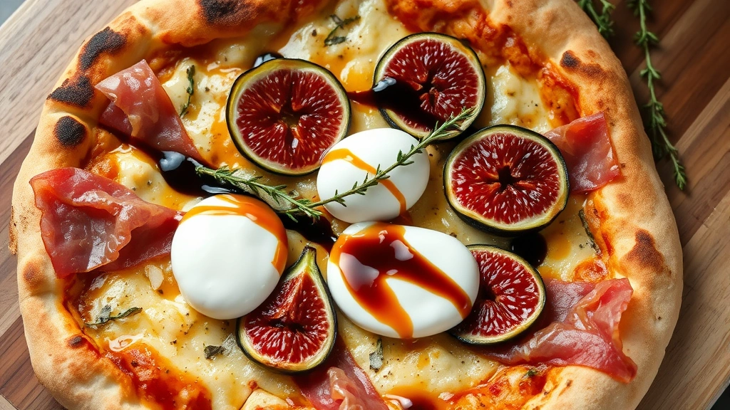 Flat lay of prosciutto and fig pizza with creamy burrata, fresh thyme sprigs, balsamic glaze drizzle, warm oven glow, artisanal presentation