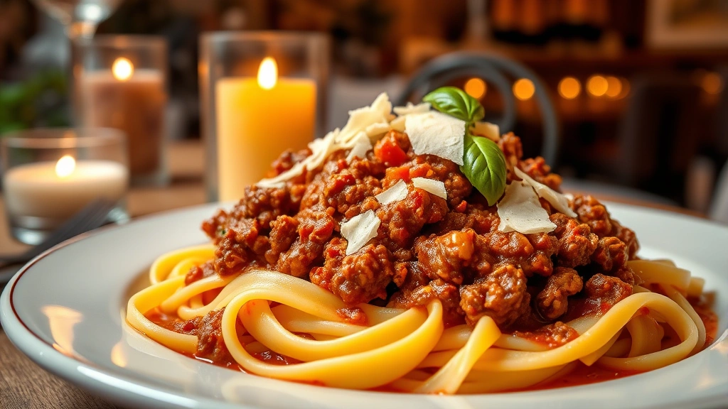 Handmade tagliatelle pasta ribbons coated in rich ragù bolognese sauce with ground meat, topped with fresh parmesan shavings and basil, warm amber candlelit restaurant setting in background, steam rising from plate