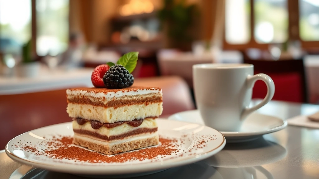 Elegant plated tiramisu dessert with cocoa powder dusting, fresh berries on top, espresso cup beside it, soft focus of restaurant interior with warm lighting, Italian fine dining presentation