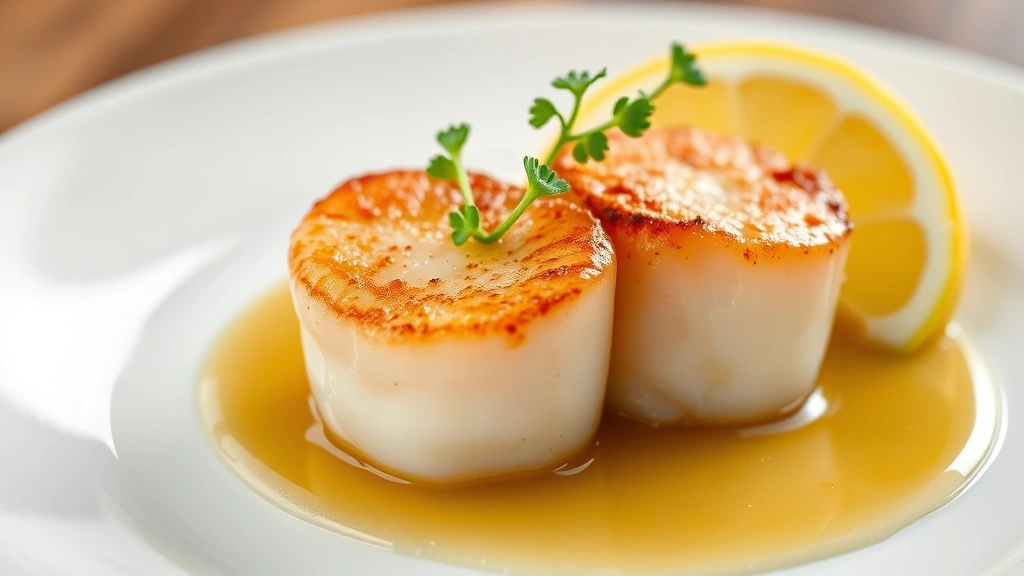 Close-up of perfectly seared scallops with brown butter foam, lemon wedge, and microgreens on white ceramic plate, professional fine dining plating