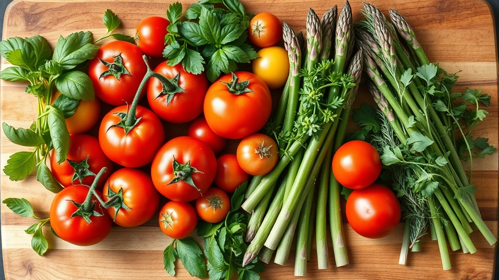 Overhead shot of colorful seasonal vegetables including heirloom tomatoes, fresh asparagus, and herbs arranged on rustic wooden cutting board in natural light